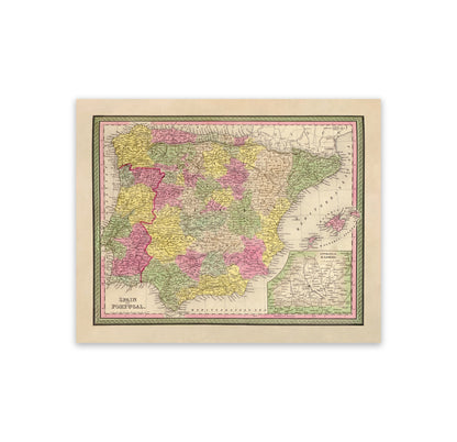 Old Map of Spain Print 1849