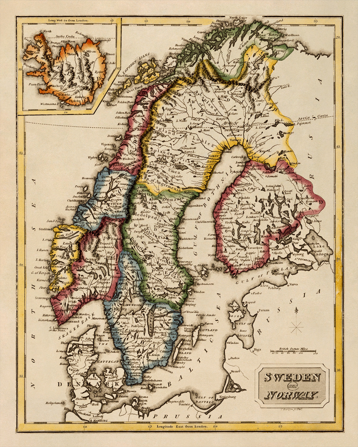 Old Map of Sweden And Norway Print 1817