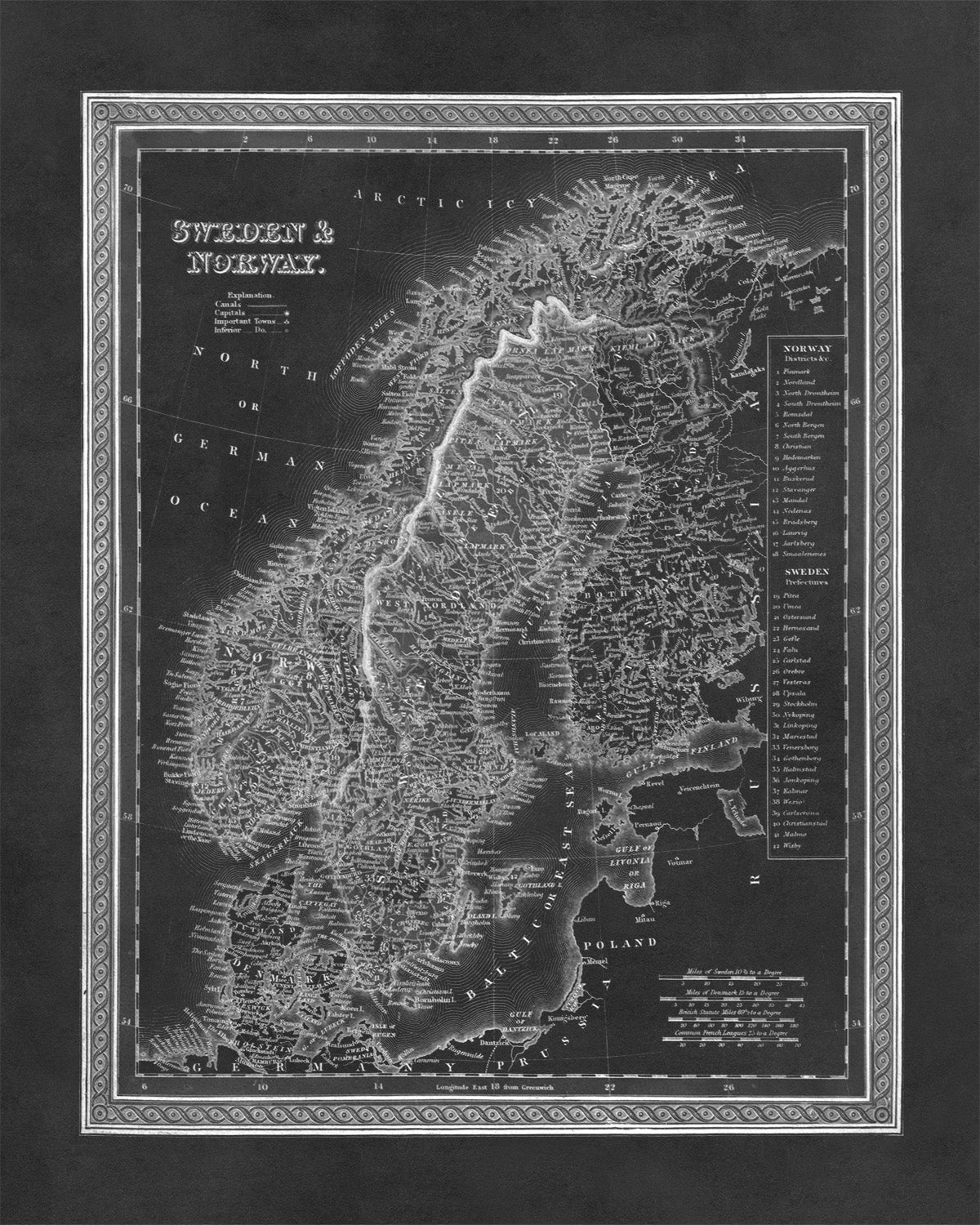 Old Map of Sweden And Norway Print 1849