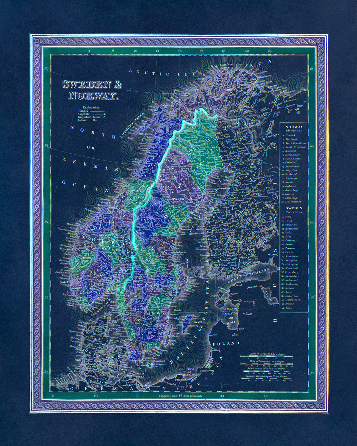 Old Map of Sweden And Norway Print 1849