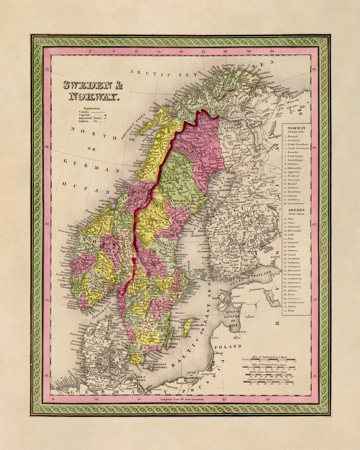 Old Map of Sweden And Norway Print 1849