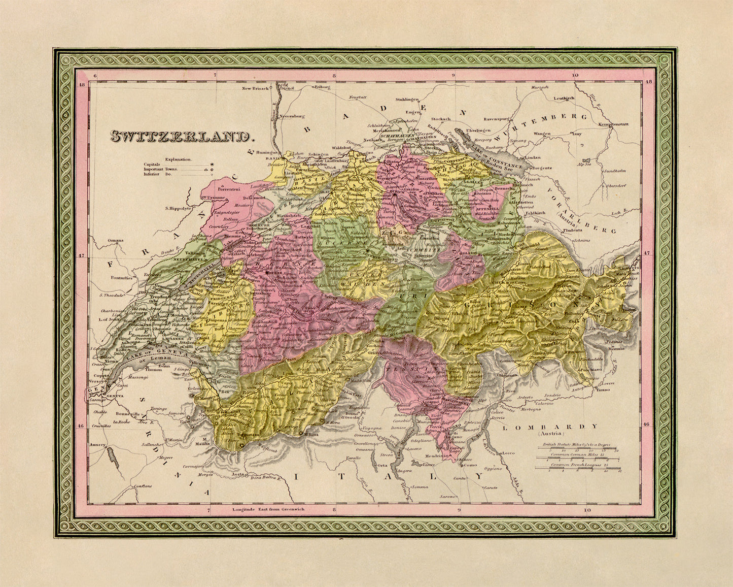 Old Map of Switzerland Print 1849