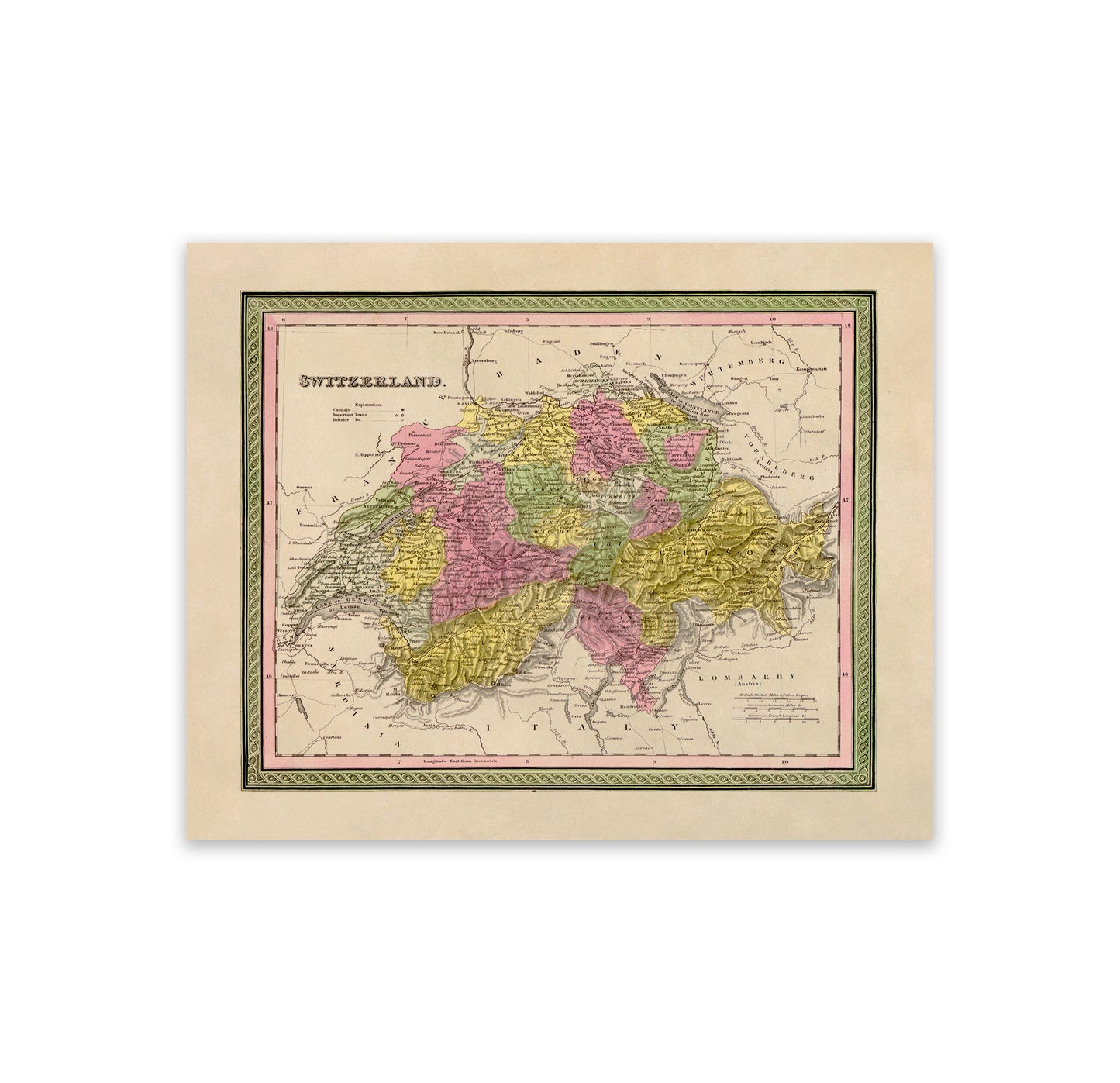 Old Map of Switzerland Print 1849