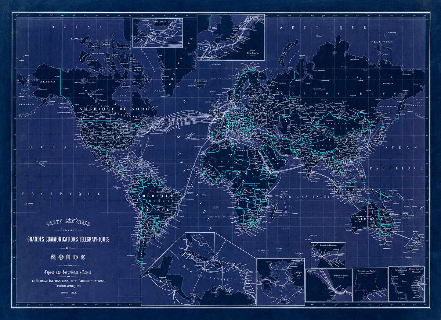 Telegraph Lines World Map Print 1898