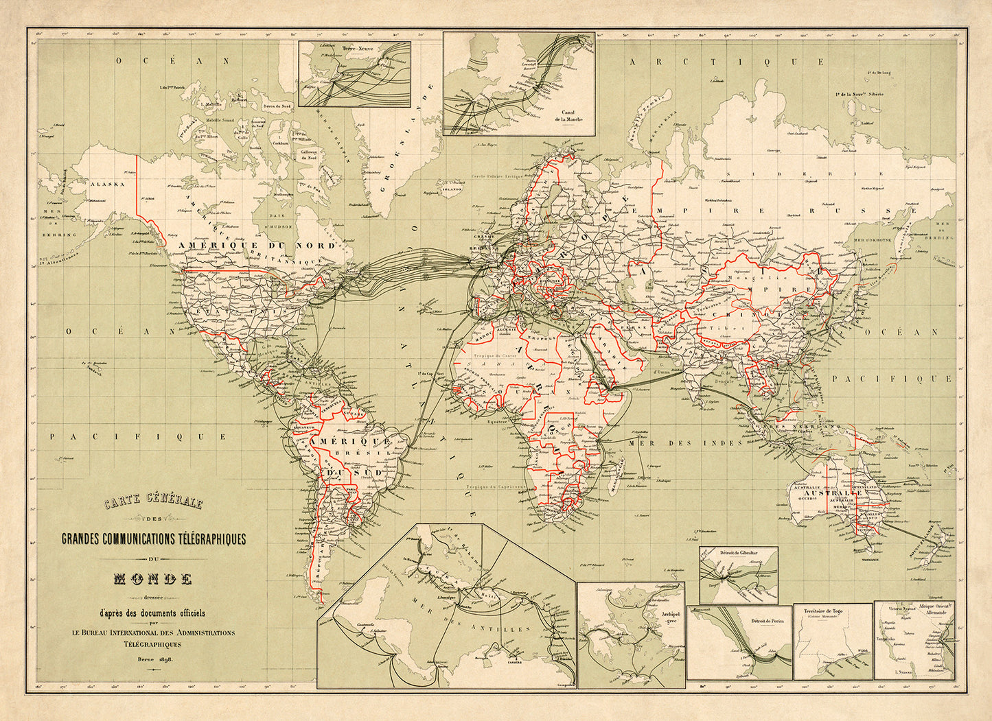 Telegraph Lines World Map Print 1898