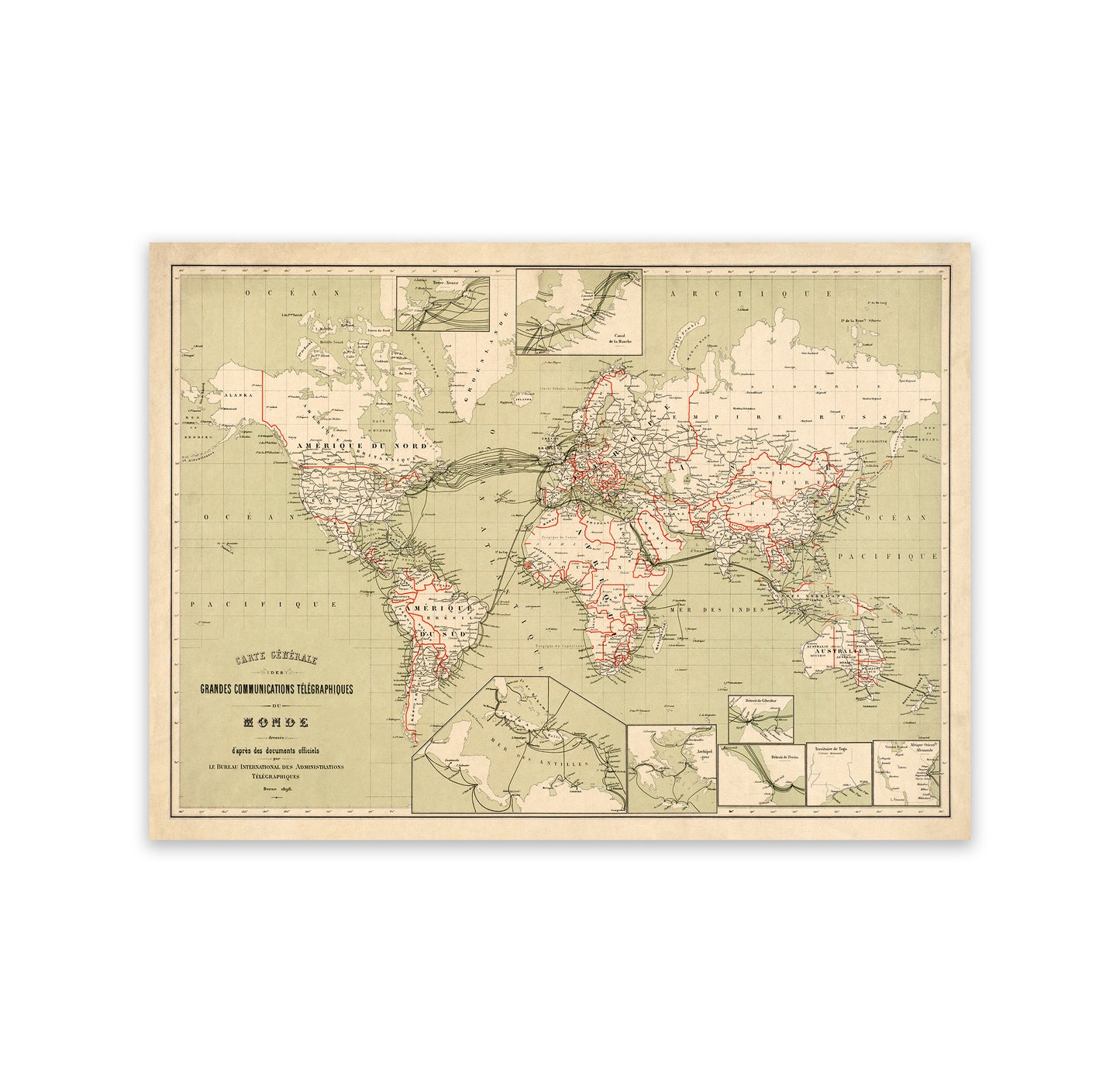 Telegraph Lines World Map Print 1898