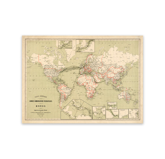 Telegraph Lines World Map Print 1898