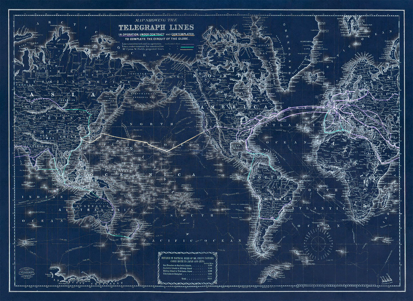 Telegraph Lines World Map Print 1871