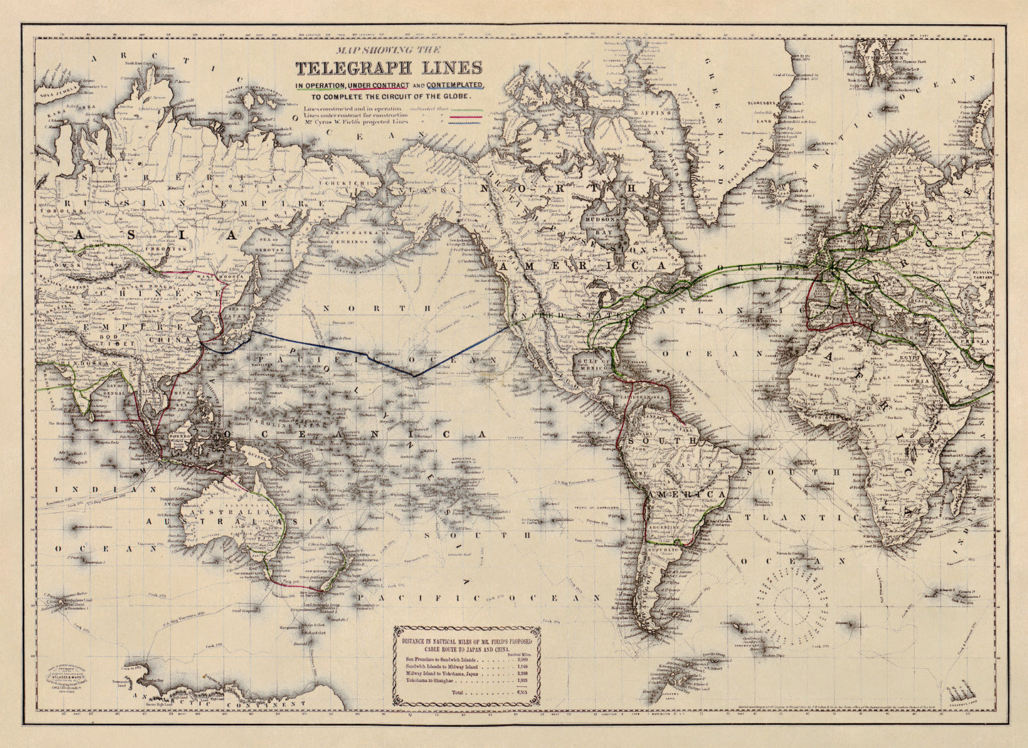 Telegraph Lines World Map Print 1871