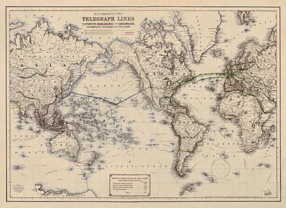 Telegraph Lines World Map Print 1871