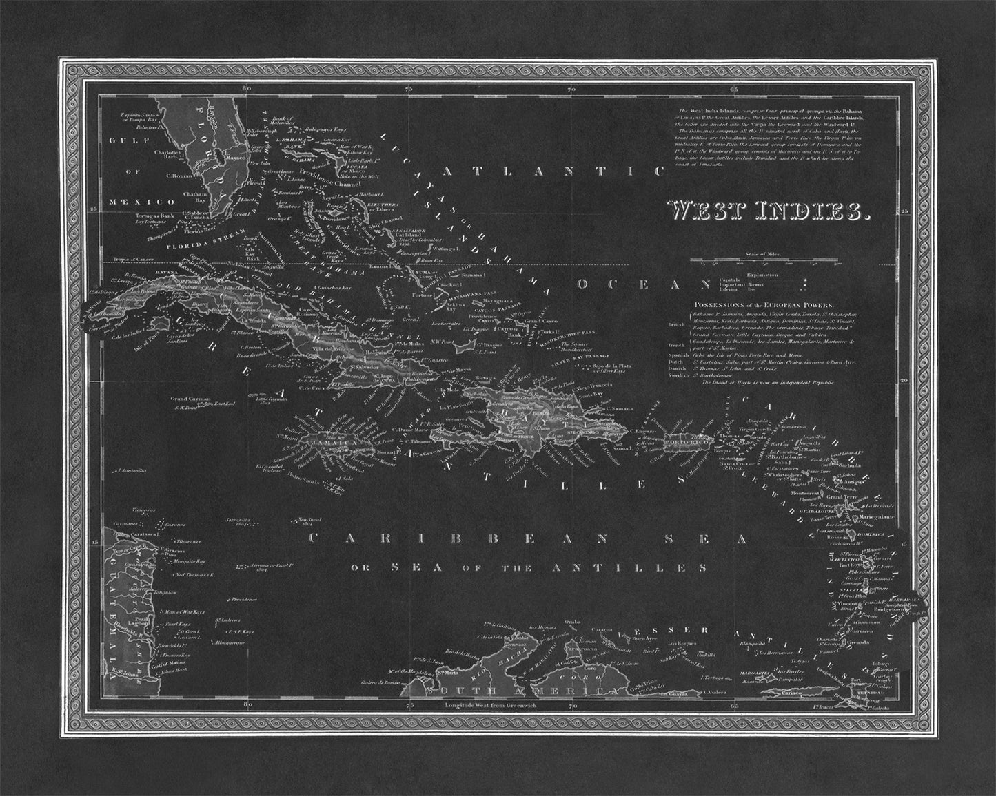 Old Map of Caribbean West Indies Print 1849