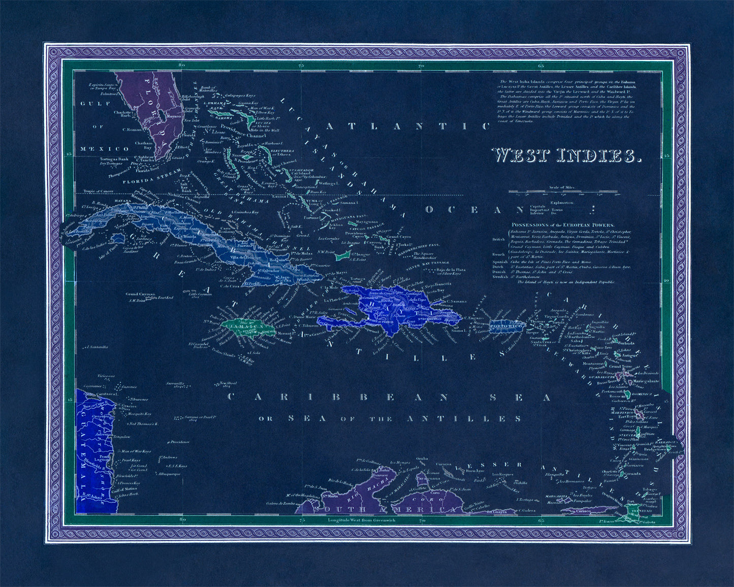 Old Map of Caribbean West Indies Print 1849