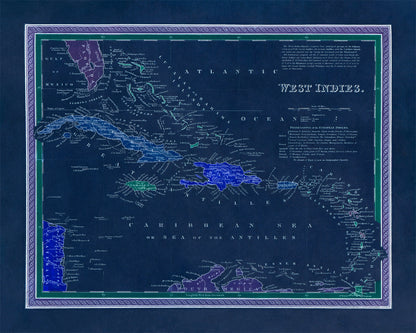 Old Map of Caribbean West Indies Print 1849