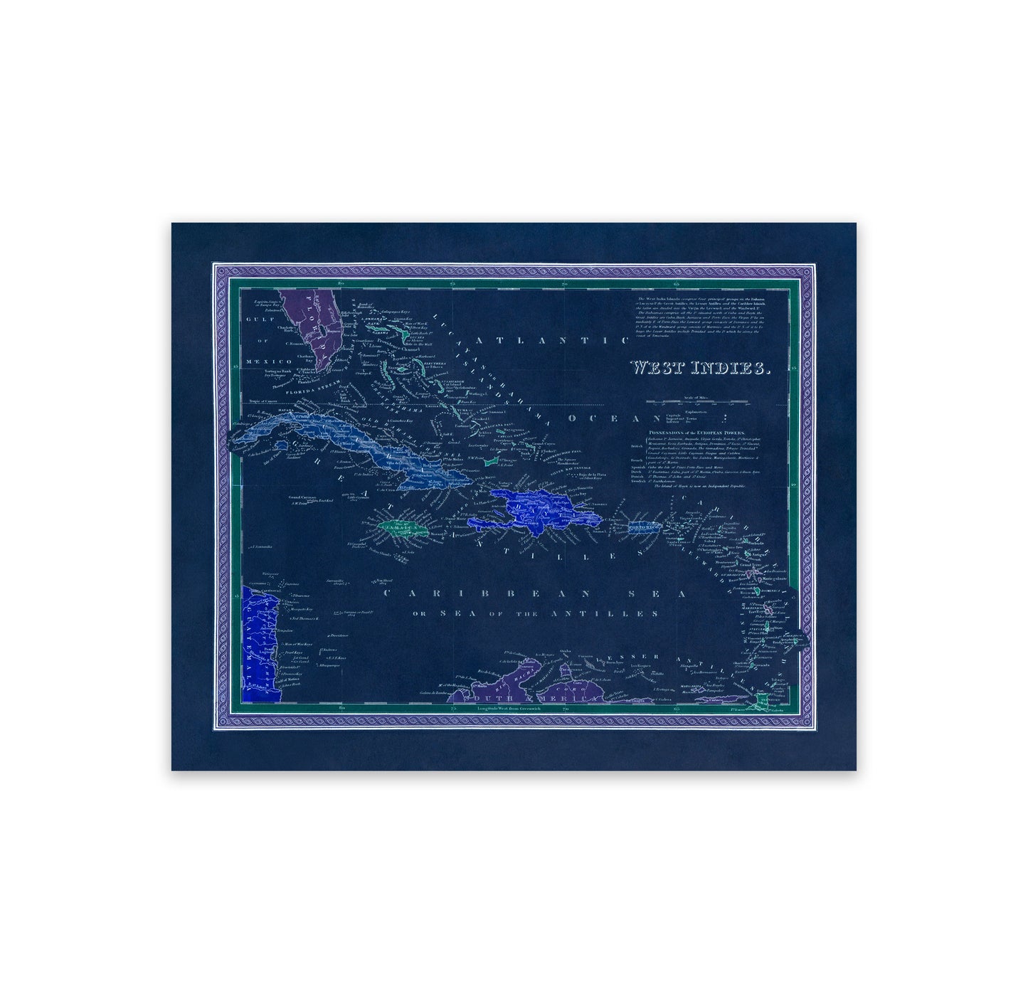 Old Map of Caribbean West Indies Print 1849