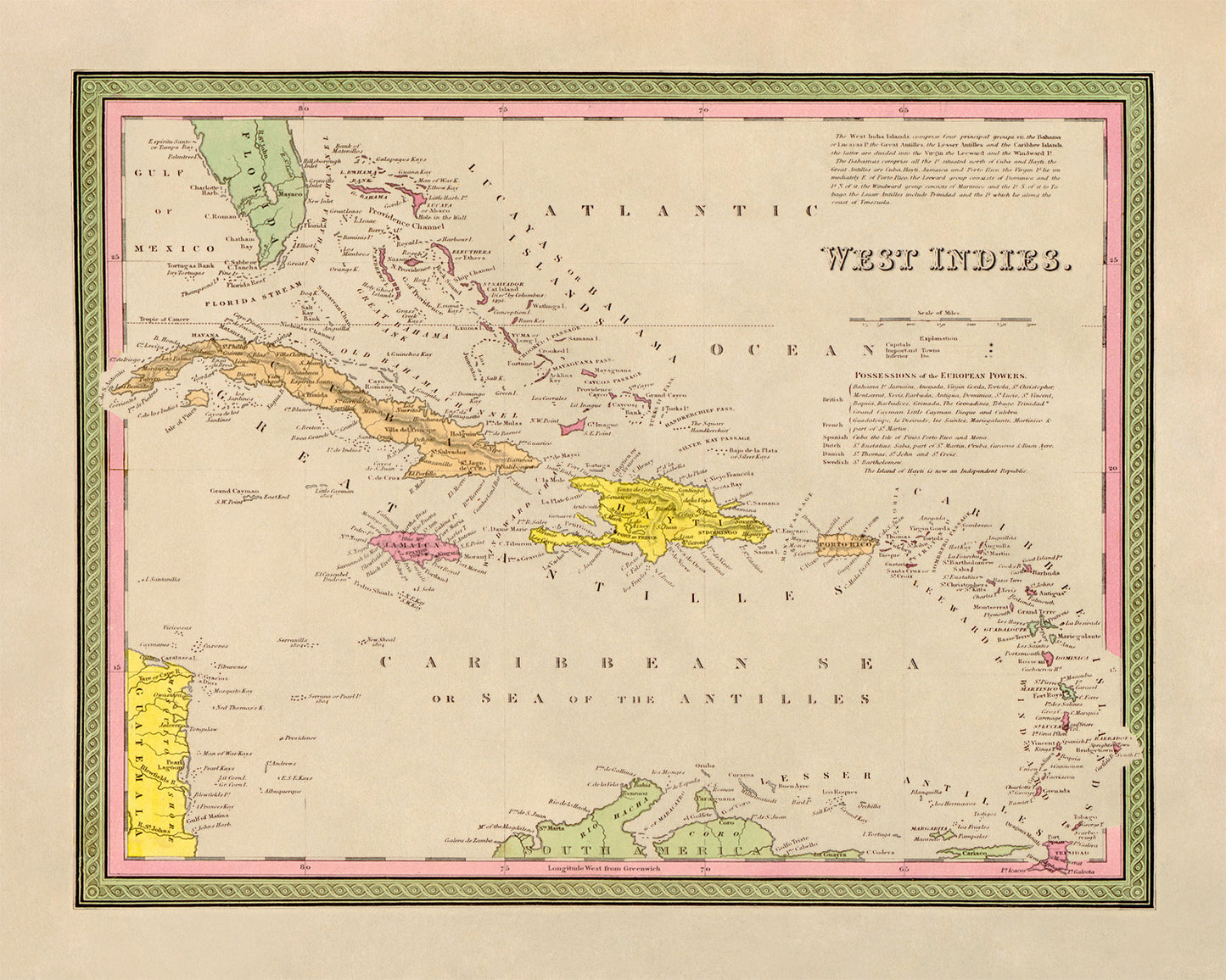 Old Map of Caribbean West Indies Print 1849