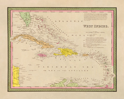 Old Map of Caribbean West Indies Print 1849