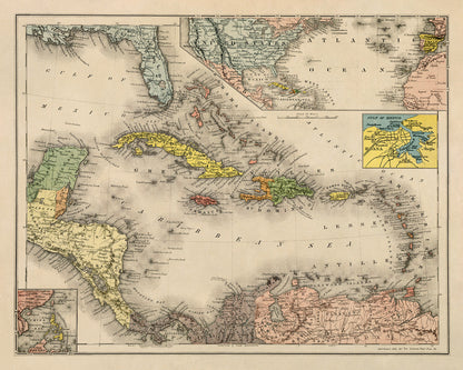 Old Map of Caribbean West Indies Print 1894