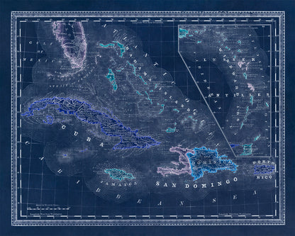 Old Map of Caribbean West Indies Print 1881