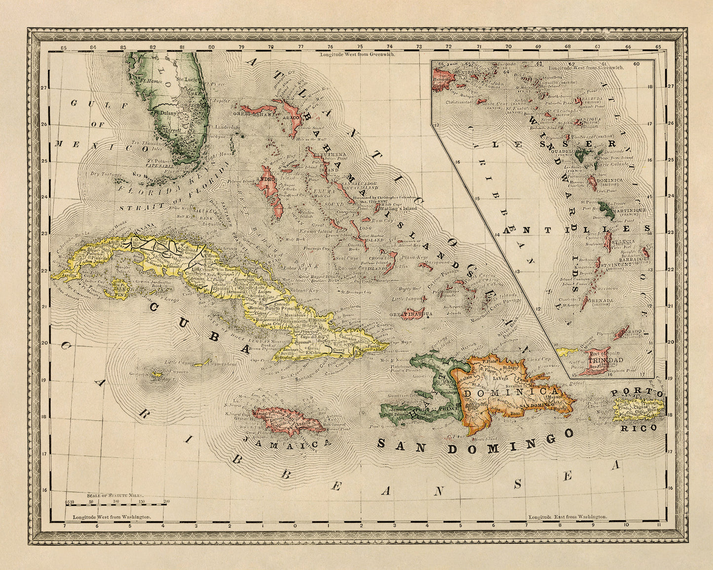 Old Map of Caribbean West Indies Print 1881