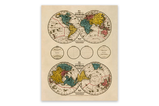 Old Map of Hemispheres Print 1839