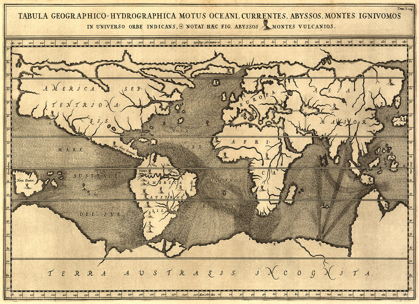 Ancient Subterranean Volcano World Map Print 1668